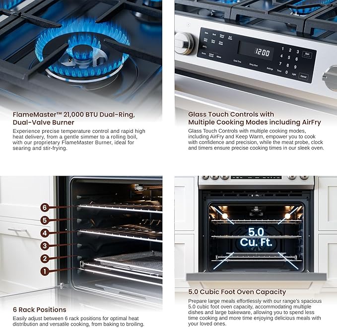 Rangaire RRG303GS 30" Glass Touch Gas Range Oven - Stainless Steel, Sealed Burners, True Convection, Self Cleaning, Easy Reach Racks