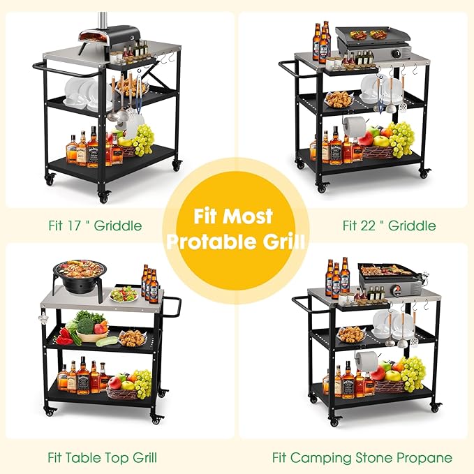 Outdoor Grill Cart Table,Indoor and Outdoor Pizza Oven Table,with 4 Movable Total Lock Casters, Hooks, Side Handle Multifunctional (Black) (Stainless Steel)