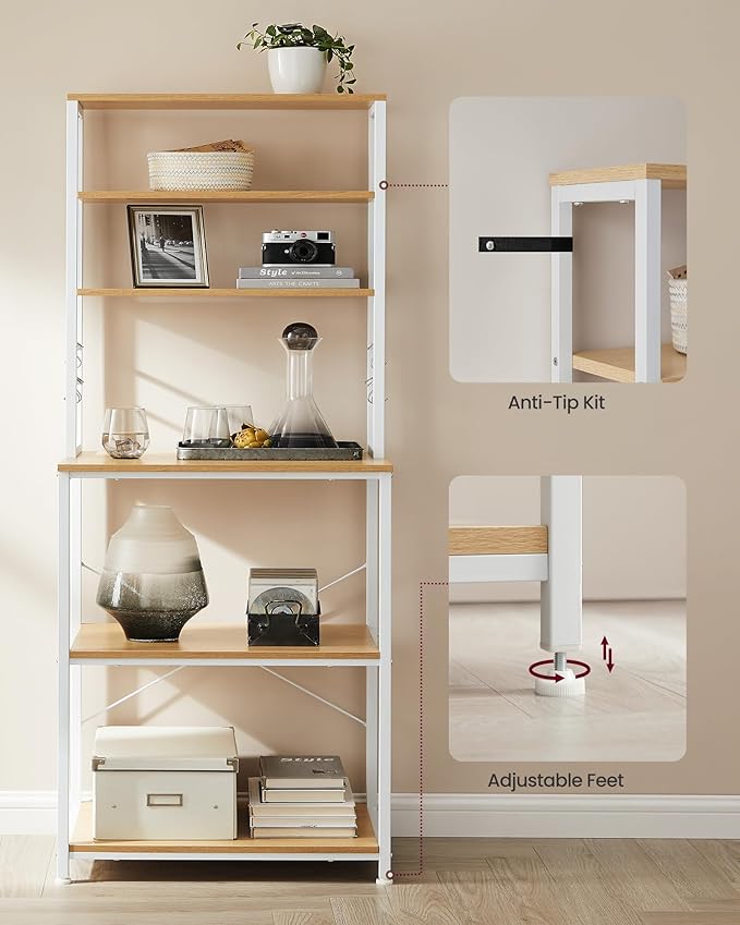 VASAGLE Coffee Bar, 23.6 Inches Baker's Rack for Kitchen with Storage, 6-Tier Kitchen Shelves with 6 Hooks, Microwave Stand, Modern, Golden Oak and Cloud White UKKS024W09