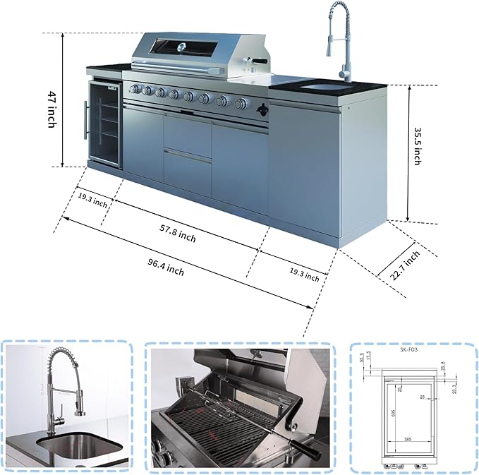 96-Inch 6-Burner 85000 BTU Propane Gas Outdoor Kitchen Island Grill with Wine Cooler, Rotisserie & Granite Countertops – Combining a spacious grilling area with versatility, Silver