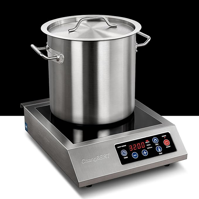 ChangBERT Portable Induction Cooktop 208-240V 3200W NSF Certified Commercial Range Countertop Burner Pro Chef Professional Hot Plate High Power 18/10 Stainless Steel Housing Schott Glass