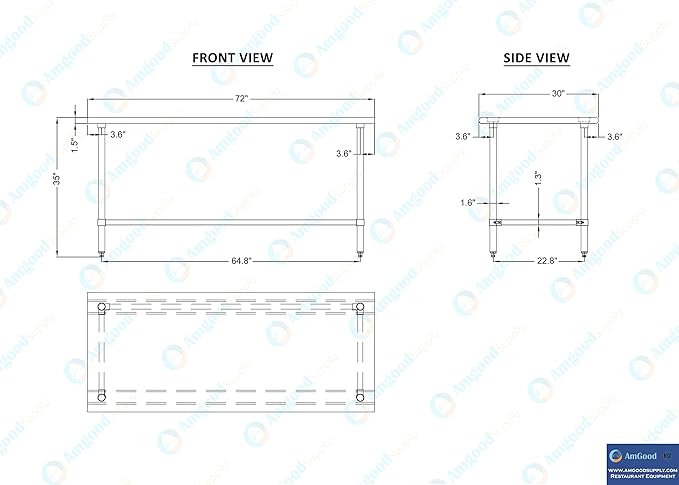 AmGood Stainless Steel Work Table Open Base | NSF Kitchen Island Food Prep | Laundry Garage Utility Bench (72" Long X 30" Deep)