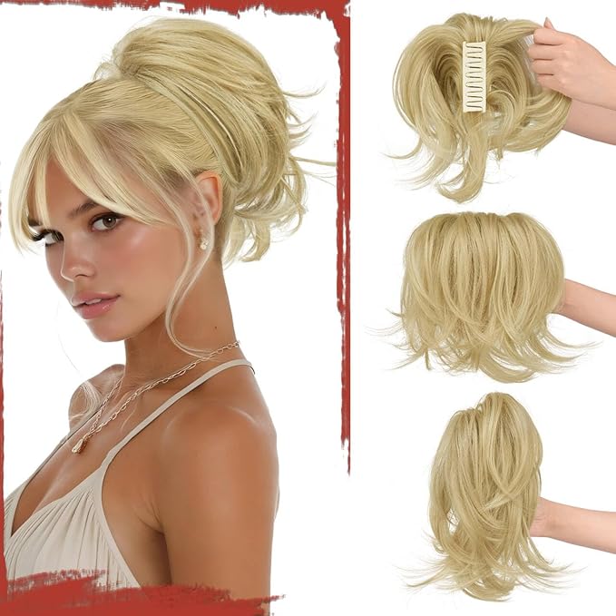 Sofeiyan Claw Clip Short Ponytail Extension DIY Bendable Wires Hair Bun Fluffy Fake Hair Piece Straight Synthetic Hair Ponytail Extensions for Wonen - Ash Blonde