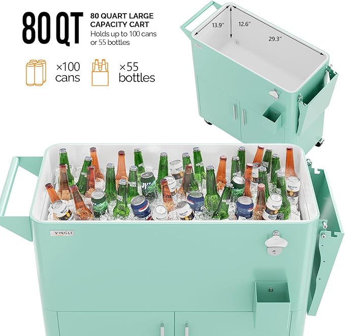 VINGLI Patio Cooler, Ice Chest with Storage Cabinet, Bottle Opener Drainage, Outdoor Cooler for Party, Deck, Pool