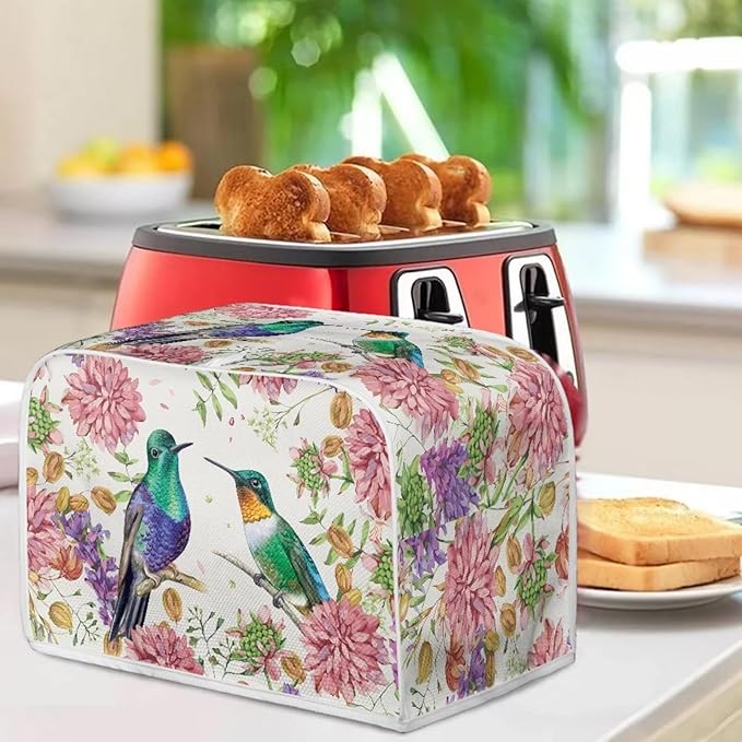 Hummingbird Floral Print Toaster 2 Slice Cover Fingerprint Protection Waterproof Toaster Dust Cover Kitchen Accessories Decor