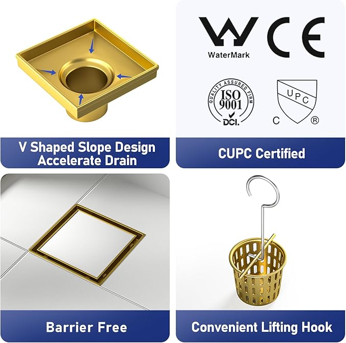 Square Shower Drain 4", Brushed Gold Floor Drain with Tiled Insert Grate & Hair Strainer, 304 Stainless Steel Bathroom 2-in-1 Tiled in Drain, CUPC Certified (Brushed Gold, 4'')
