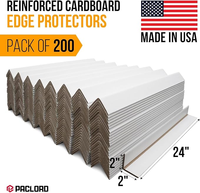 24" x 2" x 2" Reinforced Cardboard Edge Protectors, White (Pack of 200) – 0.225" Thick Extra Heavy-Duty Cardboard Corner Protectors – American Quality V-Board Pallet Edge Guard