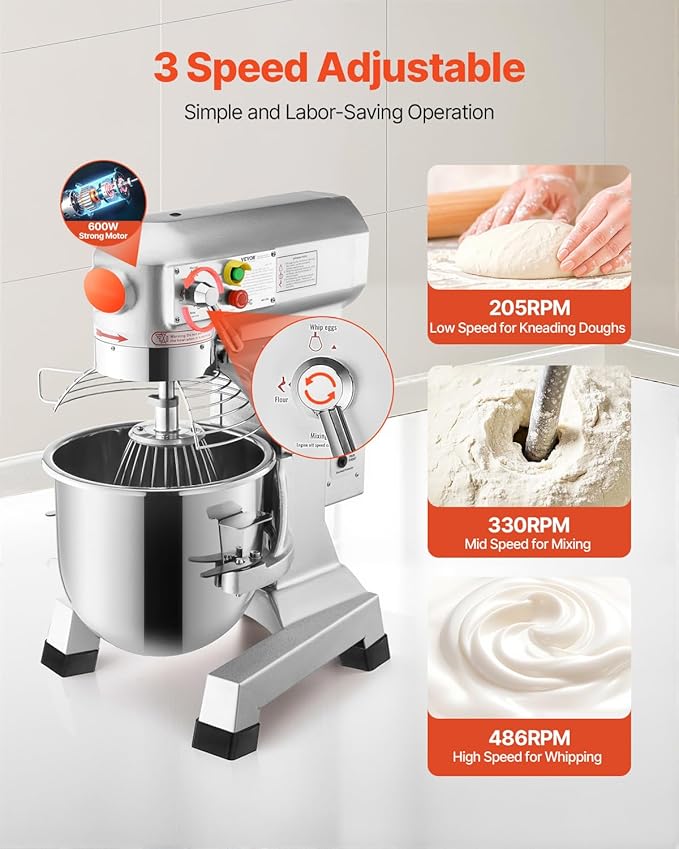 Happybuy 15Qt Commercial Food Mixer with Timing Function， Commercial Mixer 600W Stainless Steel Bowl Heavy Duty Electric Food Mixer Commercial with 3 Speeds Adjustable, Perfect for Bakery Pizzeria