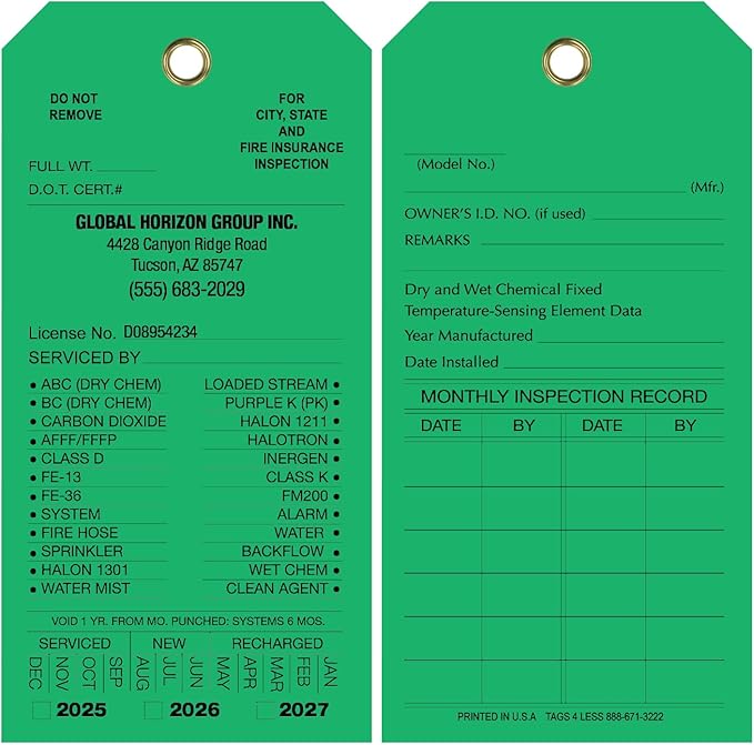 Tags 4 Less Custom Fire Extinguisher Tags – Preventative Maintenance Labels for Monthly Inspections, Alternative to Safety Sticker for Easy Record-Keeping – Pack of 100 (Dark Green, Vinyl Plastic)
