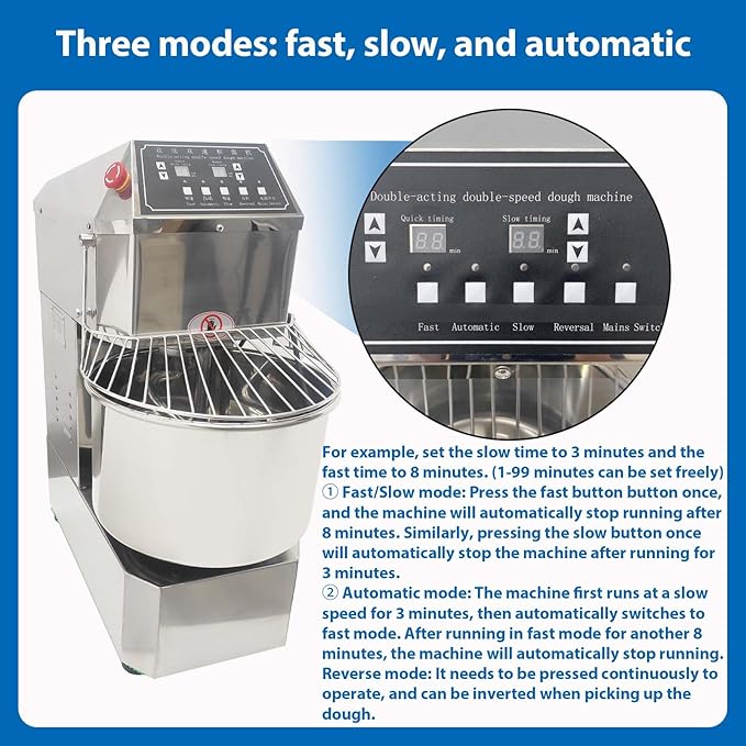 20QT Commercial Stand Dough Mixer Double Action Fast and Slow Speed Spiral Electric Flour Mixing Machine for Professional Bread Making Kneading Machine with Speed Time Control 20L 1100W