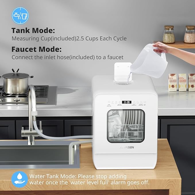 AIRMSEN Narrow Countertop Dishwasher with 5L Water Tank, Portable Dishwasher with 14.6" Narrow & 20.1" Deep Design, 9 Programs, 24H Delay Start & 360° Dual Spray, No Hookup Needed, C01, White