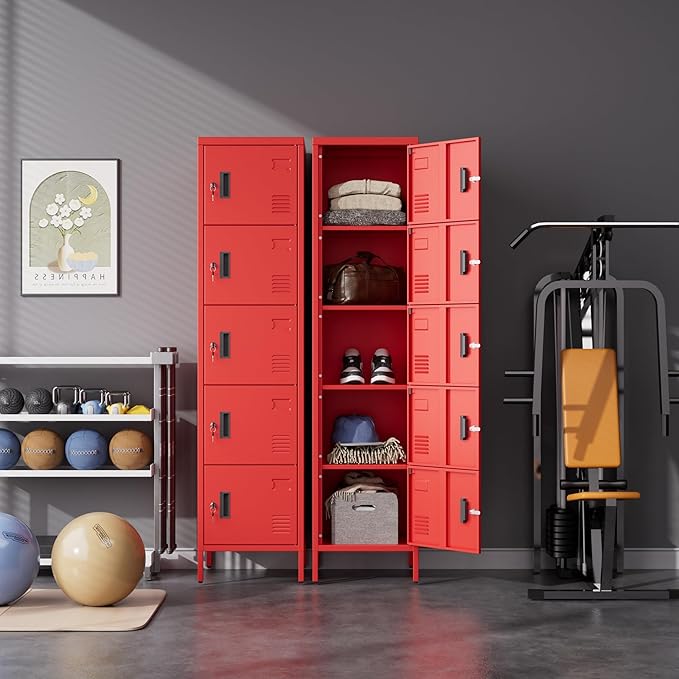 METAN Metal Storage Employees Locker with 5 Lockable Doors,Locking Storage Cabinets for Small Spaces,Home,School,Gym,Assembly Required,Red