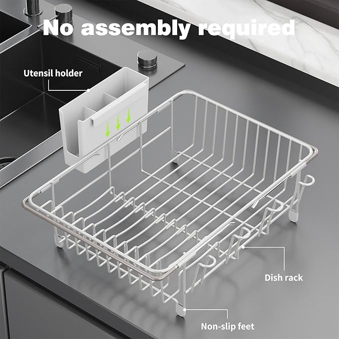 Dish Drying Rack in Sink: Expandable, 3-Slot Utensil Holder, Anti-Slip Handle. Small Dish Rack: Ideal for Small Households. Kitchen Drying Rack: White