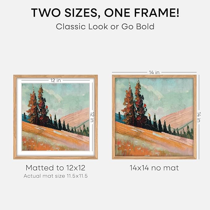 Homeforia Wood Square Frame 14x14, High End Natural Oak 14 x 14 Light Wooden Picture Frames with Mat 12 by 12 inch Photo, 14by14 Poster Frames Matted to 12x12 Print, Tempered Glass, Wall Kit, Set of 3