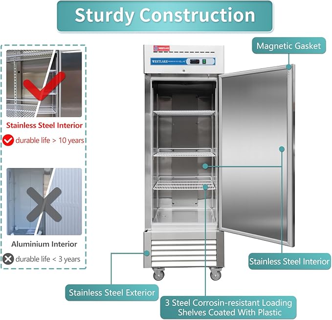 WESTLAKE 27" W Commercial Refrigerator Stainless Steel Reach in Solid Single Door Upright Fan Cooling 23 Cu.ft Cooler for Restuarant, Bar, Shop, etc