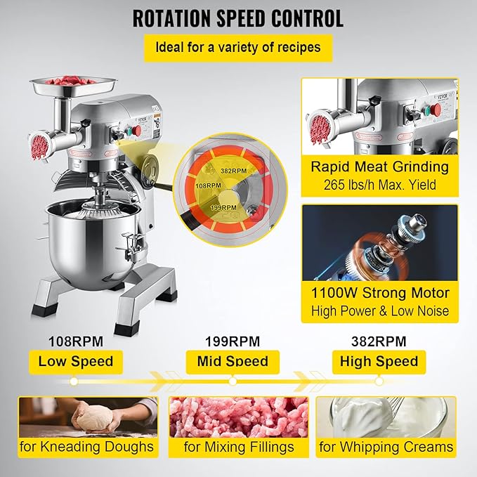 VEVOR Commercial Stand Mixer, 20Qt Stainless Steel Bowl, 1100W 2 in 1 Multifunctional Electric Food Mixer with Meat Grinder & 3 Speeds, Dough Hook Whisk Beater Included, Perfect for Bakery Pizzeria