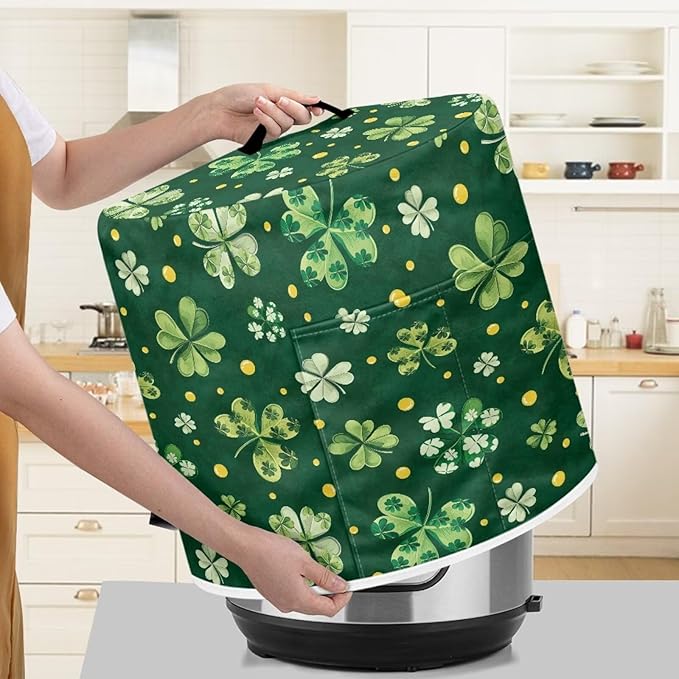 Xoenoiee Green Clover Print Kitchen Appliance Dust Cover with Pockets, Electric Pressure Cooker Cover Compatible with Crock Pot for St.Patrick's Day Decor, Rice Cooker Covers, for 3 Qt