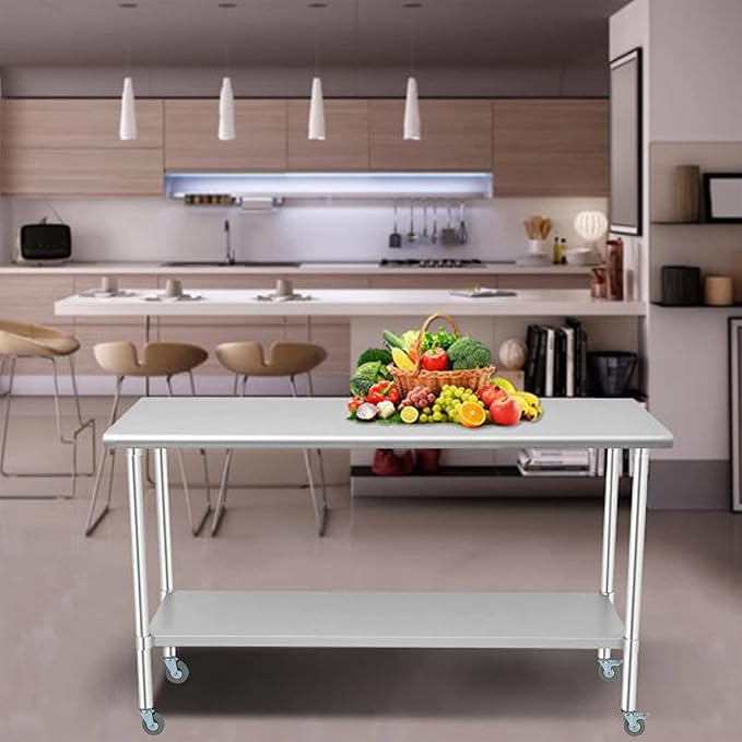 Stainless Steel Work Table 48“L x24 D, NSF Commercial Food Prep Worktable with Adjustable Undershelf and Casters for Restaurant, Home and Outdoors (48“L x24 D)