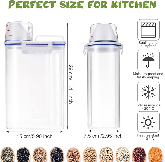 Rice Storage Bin 4 Pcs Cereal Containers Dispenser with Measuring Cup Plastic Storage Containers with Lids Kitchen Bin Rice Holder Food Sets for Flour Cereal, 2.5 l