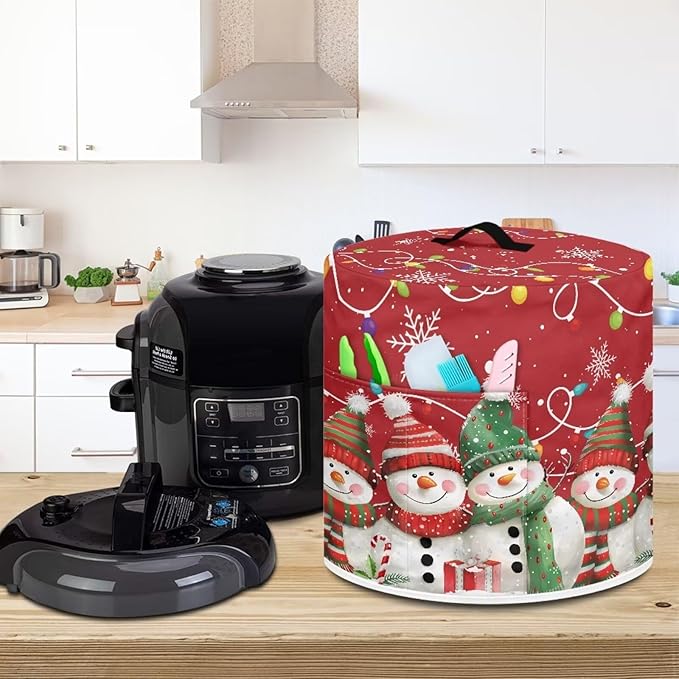 Christmas Theme 8 Quart Pressure Cooker Cover with Top Handle and Storage Pocket Cute Snowman Bulb Lights Print Kitchen Appliance Air Fryer Rice Cooker Protector Cover