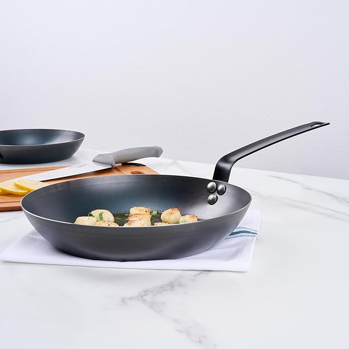Met Lux 11 Inch Fry Pan, 1 Lightweight Frying Pan - Induction-Ready, Triple-Riveted, Black Carbon Steel Cooking Skillet, Durable, For Searing, Sauteing, And Browning Food - Restaurantware