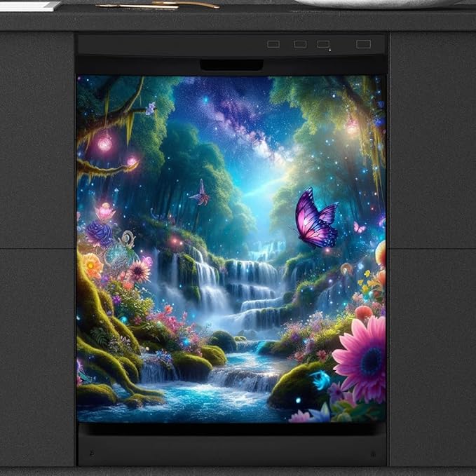 Dishwasher Magnet Cover Forest Flower Water Dishwasher Decorative Cover Front Dishwasher Door Cover Reuseable Dishwasher Cover Panel Decal for Kitchen Refrigerator Home Appliances 23" X 26"