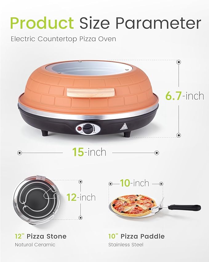 Electric Pizza Oven - 12-Inch Indoor Pizza Ovens Countertop - 1200W Pizza Maker Heats up to 800˚F by Ceramic Stone, Temperature Control, Viewing Window, PM-05