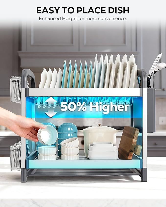 Nieifi 2-Tier Dish Drying Rack, Large Stainless Steel and Aluminum Kitchen Organizer