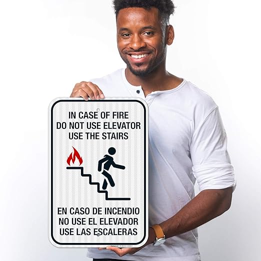 in Case of Fire Do Not Use Elevator Use The Stairs Bilingual Sign, Fire Safety Sign, 12x18 Inches, 3M EGP Reflective .063 Aluminum, Fade Resistant, Indoor/Outdoor Use, Made in USA