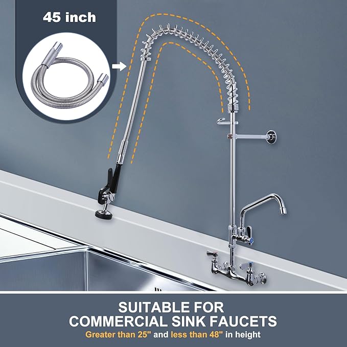 45" Commercial Sink Faucet Sprayer Hose, Pre-rinse Sprayer Hose for Commercial Kitchen Sink Faucet, 45 Inch Stainless Steel Flexible Hose Replacement Kit for Restaurant Industrial Dishwasher
