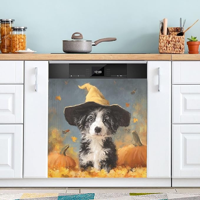 Halloween Dog Pumpkin Orange Dishwasher Magnet Cover Front Door Magnetic Dishwasher Cover Decorative Refrigerator Magnet Covers Fridge Panel Decal for Kitchen Home Decor, 23" x 26"