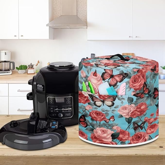 Flashideas Butterfly Rose Pressure Cooker Cover for Women Insulated Rice Cooker Cover with Easy to Clean Lining Stain Resistant Dust Cover with Pockets for Instant Pot 6 Quart Appliance Cover