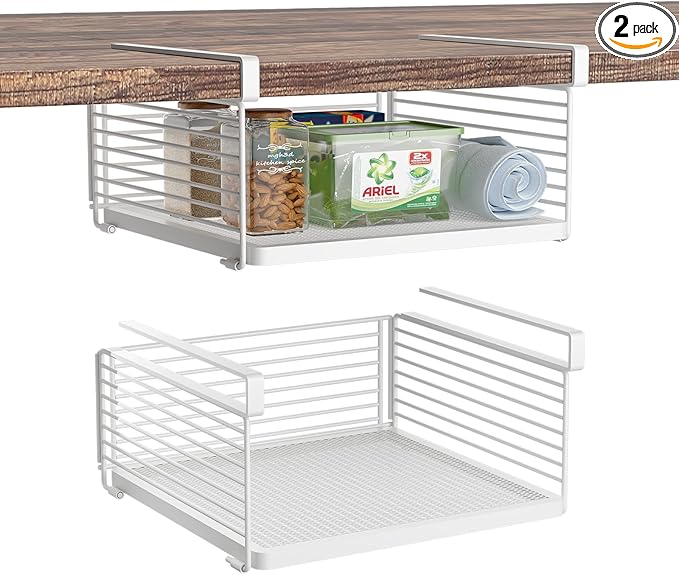 Under Shelf Storage Basket, Hanging Wire Basket with 1.13 Inches Thick Clips for Kitchen, Pantry or Laundry Room, Under Cabinet or Desk Storage Organizer, White, 2 Pack