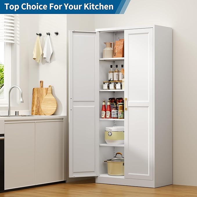 71" Kitchen Pantry Storage Cabinet,White Tall Storage Cabinet With Doors and 4 Shelves,Metal Food Pantry Cabinets for Kitchen Storage,Freestanding Cupboard for Dining Living Room,Assemble Required