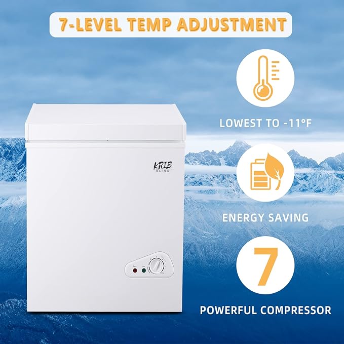 3.5 Cu.Ft Compact Chest Freezer with Removable Basket, Krib Bling Top Door Open Freestanding Deep Freezer with 7 Gears Temperature Adjustment, Ideal for Home, Kitchen & Office, White