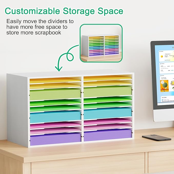 EasyPAG Scrapbook Paper Storage Organizer for Craft Room, 12x12 Paper Storage Desk Shelf, 24 Slot Adjustable File Sorter for Office School Classroom, White
