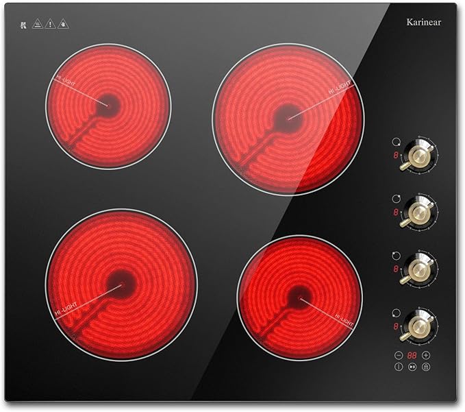 Karinear Electric Cooktop 24 Inch, 4 Burners Electric Stove Top, Built-in Radiant Cooktop Knob Control, Safety Lock, Timer, Pause, 6000W 220~240V Hard Wired(No Plug)