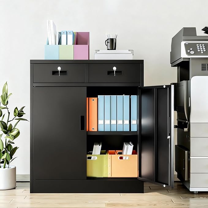 BESFUR Metal Storage Cabinet with Doors and Shelves, 36" H Locking Storage Cabinet with 2 Drawers, Black Metal Cabinets for Garage, Office, Home