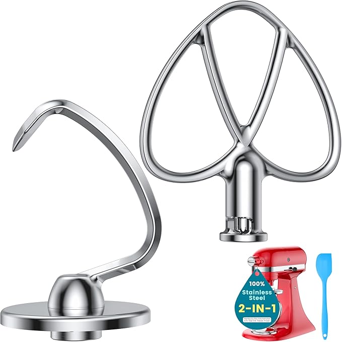 Premium 316 Stainless Steel Attachments 2 Piece Kit, Flat Beater & Dough Hook for 4.5 and 5 Qt Kitchenaid Tilt-Head Stand Mixers, Paddle&Dough Hook Mixers Accessories, Dishwasher Safe, Spatula&Recipe