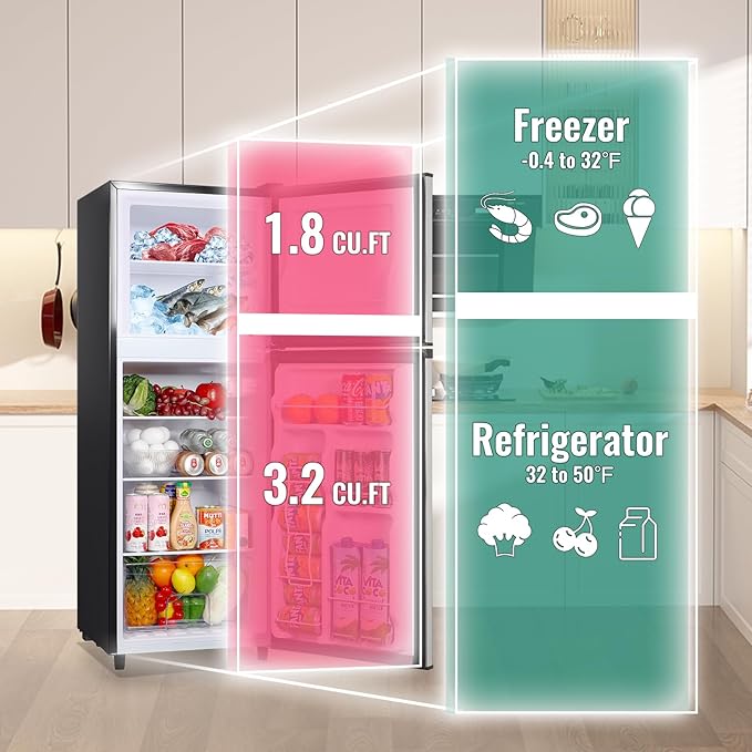 WANAI 5.0 Cu.Ft Fridge with Freezer, Dual Door Refrigerator with 7 Settings Temperature Adjustable, Small Fridge for Office Apartment and Home, Silver