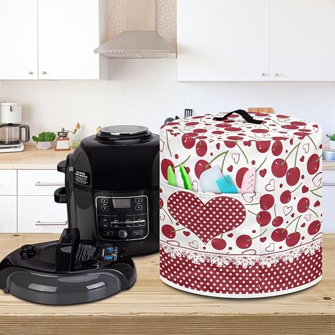 TODIYADDU Red Love Heart Air Fryer Cover for 6 Quart Instant Pot Cherry Fruit Print Kitchen Appliance Dust Cover with Pocket Lightweight Round Protective Cover for Rice Cooker Coffee Maker