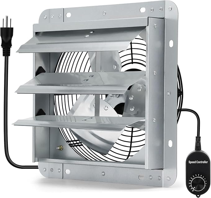 12 Inch Shutter Exhaust Fan with Speed Controller and Power Cord, Wall Mount Attic Fan for Greenhouses, Sheds, Garages, Chicken Coops, Barns Ventilation, 970 CFM