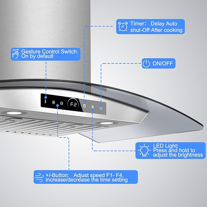 30 inch Range Hood Wall Mount, 1200 CFM with 4-Speed Gesture Sensing & Touch Control, Stainless Steel Ducted Kitchen Stove Vent Hoods with 2 LED Lights, Time Setting, Dishwasher-Safe Baffle Filters