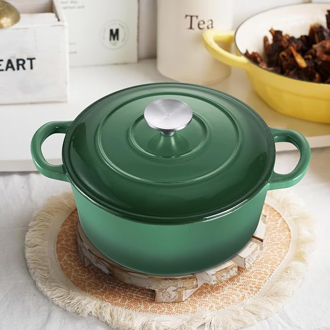 TeamFar Enameled Cast Iron Dutch Oven - 3QT Small Dutch Oven Pot with Lid - Heavy Duty Cast Iron Pot Cookware for Bread Baking, Braising, Stewing, Roasting, Basil Green