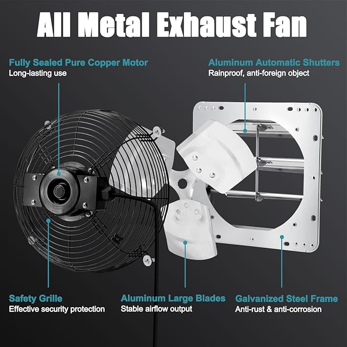 Criditpid 10 Inch Shutter Exhaust Fan, 820 CFM Attic Fan, Wall Mounted Vent Fan with Speed Controller and Thermostat for Greenhouse, Garage, Warehouse, Shed, Basement, Chicken Coop Ventilation.
