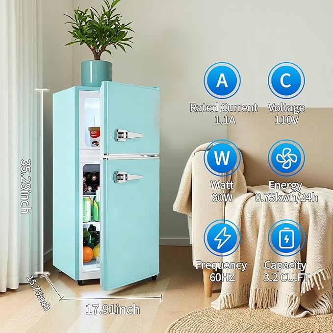 Anukis 3.2 Cu.Ft Retro Refrigerator with Freezer, 2 Door Mini Fridge with Adjustable Thermostat,Small Refrigerator for Apartment, Dorm, Office, Family, Basement, Garage (Mint Blue)