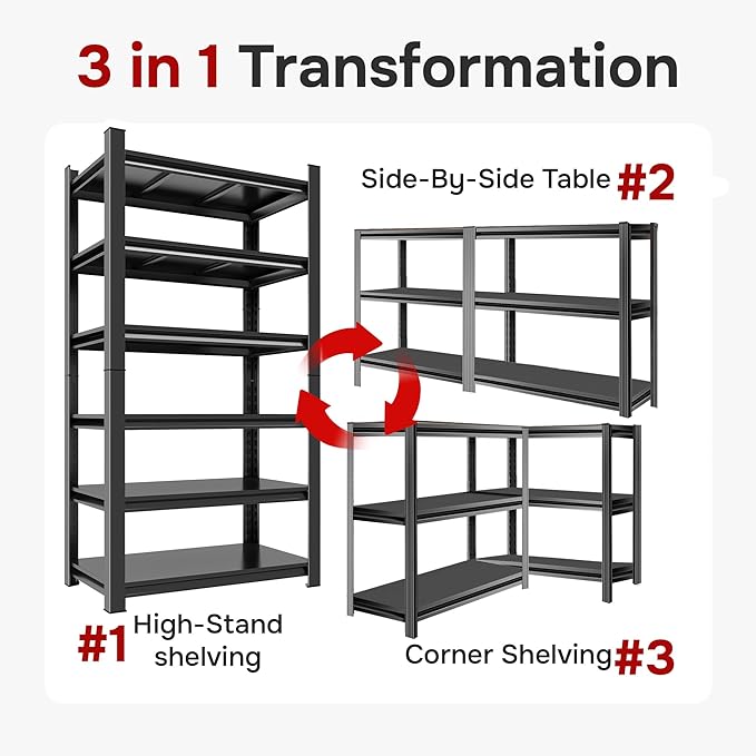 77" H Metal Garage Shelving Unit, 5-Tier Storage Shelves, Adjustable Shelf 3000lbs Capacity, Storage Rack for Garage, Basement, Pantry, Kitchen, 45" W x 16" D, Black