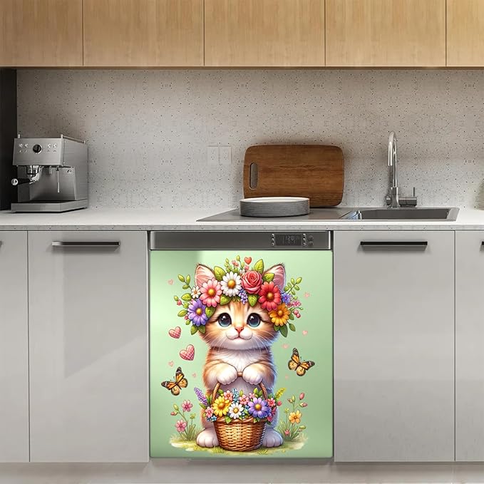 cat Flower sage Green Dishwasher Magnet Cover for The Front Dishwasher Door Cover Panel Decals Magnetic Refrigerator Cover for Kitchen Farmhouse Home Decor 23 X 26 in