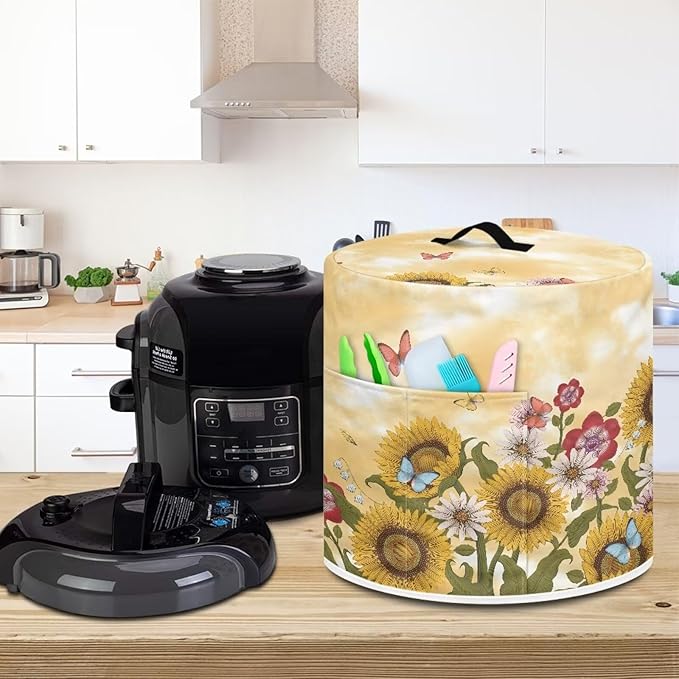 Flashideas Sunflower Butterfly Pressure Cooker Cover for Women Dust Protection Insulated Rice Cooker Cover with Easy to Clean Lining Dust Cover with Pockets for Instant Pot 6 Quart Appliance Cover
