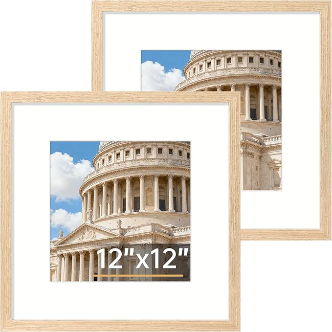 Vittanly 12x12 Picture Frame Set of 2, Solid Wood Frame for Wall Art Photo and Prints, Display Photo 8x8 with Mat or 12x12 without Mat, Natural